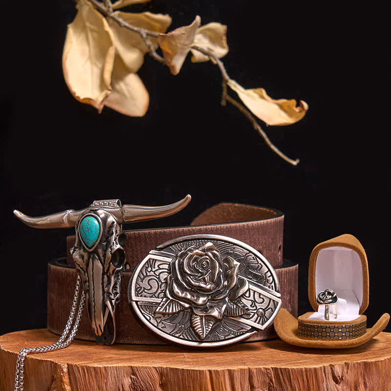 Rose Theme DIY Hidden Knife Belt Buckle Turquoise Bull Pendant Bundle Set (PRE-SALE) - Rose - Brown Distressed Belt - 42 - image 8