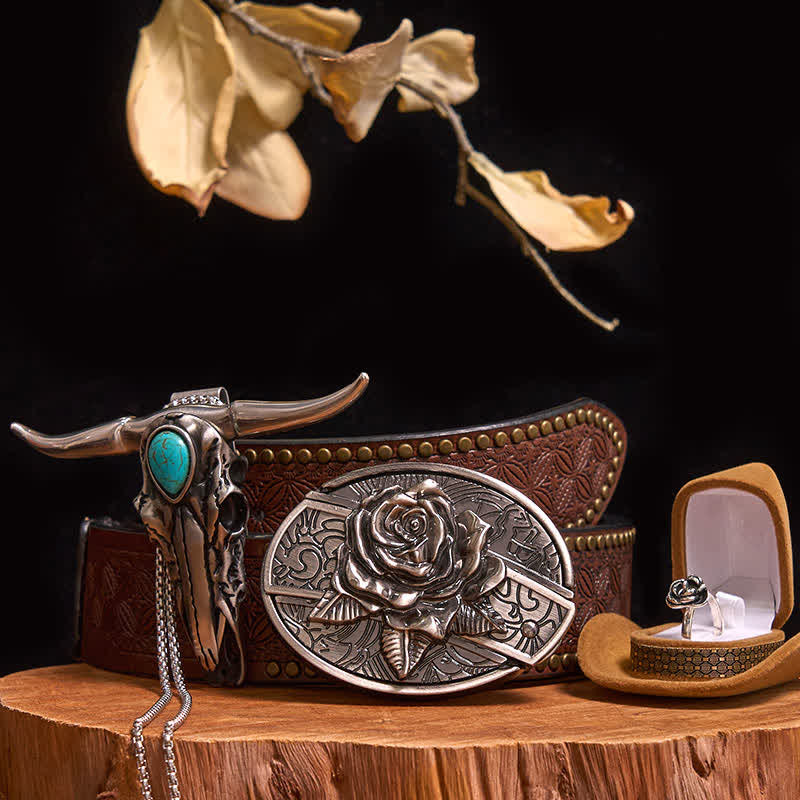 Rose Theme DIY Hidden Knife Belt Buckle Turquoise Bull Pendant Bundle Set (PRE-SALE) - Rose - Brown Rivet Belt - 42 - image 7