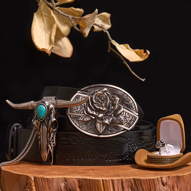 Rose Theme DIY Hidden Knife Belt Buckle Turquoise Bull Pendant Bundle Set - Rose - Black Embossed Eagle Belt - 42 - image 0