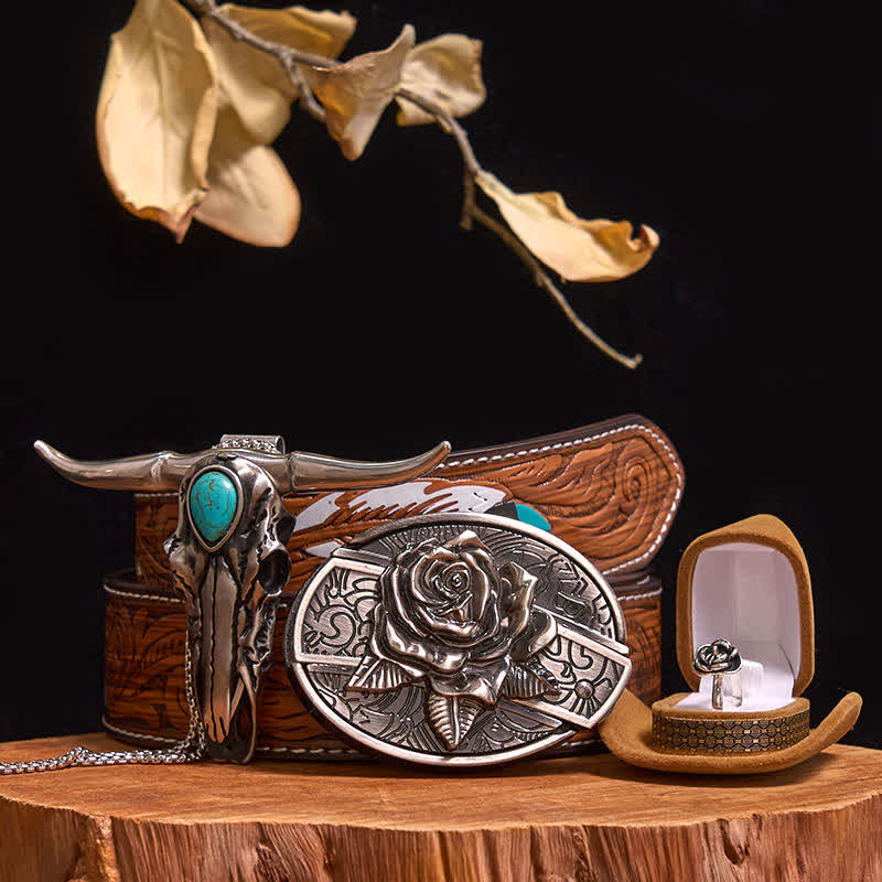 Rose Theme DIY Hidden Knife Belt Buckle Turquoise Bull Pendant Bundle Set (PRE-SALE) - Rose - Brown Feather Belt - 40 - image 9