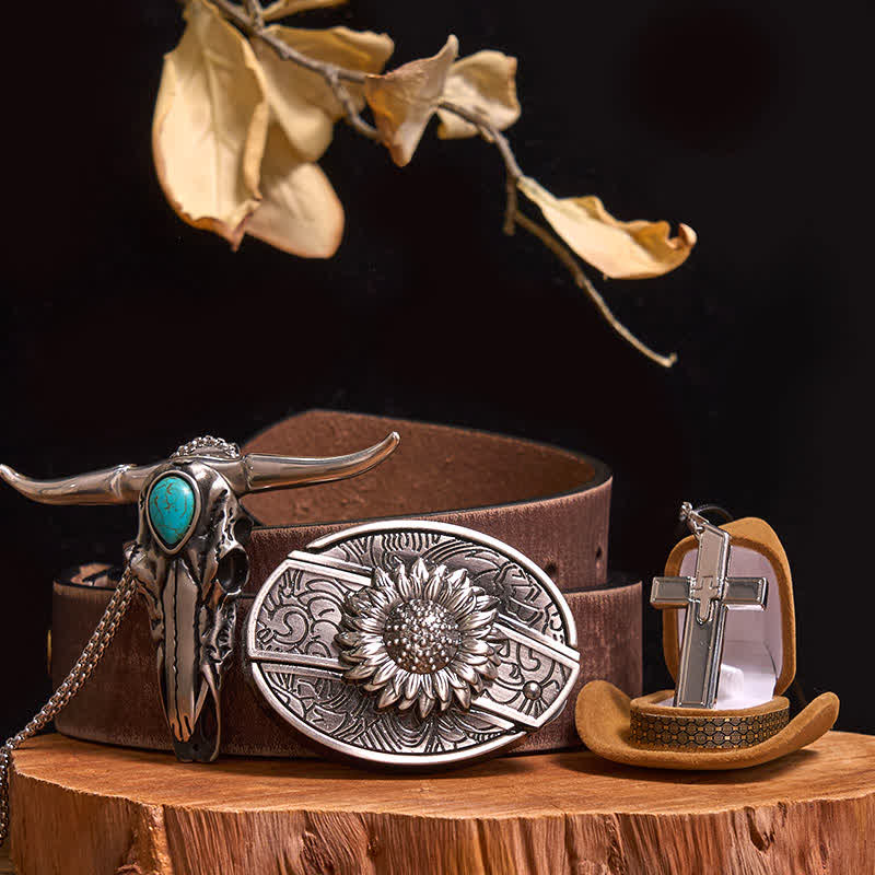 DIY Hidden Knife Belt Buckle Turquoise Bull Pendant Cross Necklace Bundle Set (PRE-SALE) - Sunflower - Brown Distressed Belt - 42 - image 0