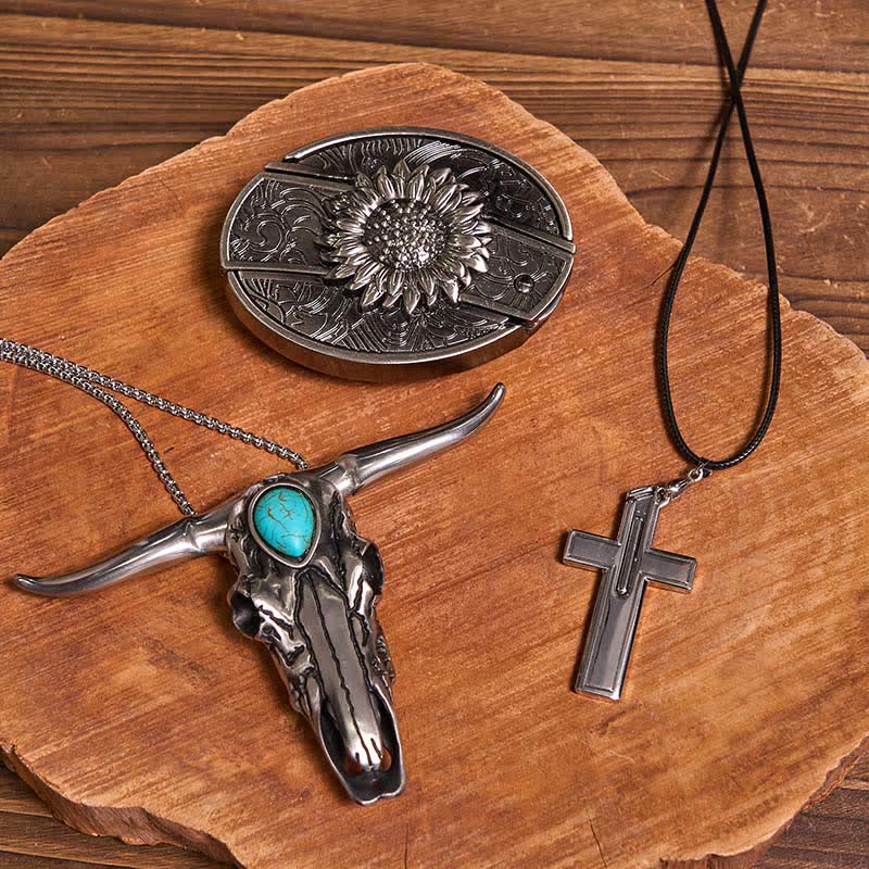DIY Hidden Knife Belt Buckle Turquoise Bull Pendant Cross Necklace Bundle Set - Sunflower - Without Belt - Not Included Belt - image 1