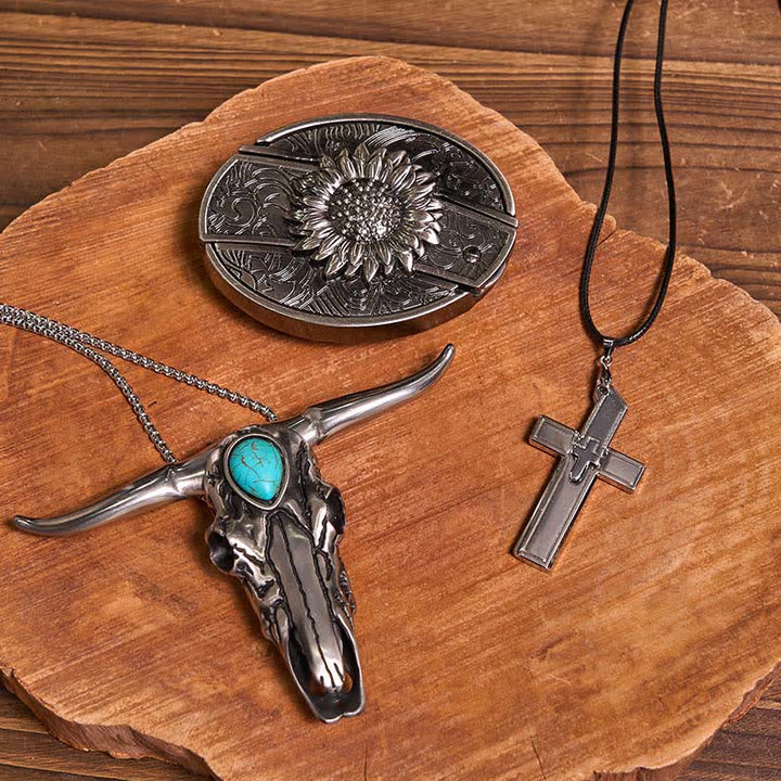 DIY Hidden Knife Belt Buckle Turquoise Bull Pendant Cross Necklace Bundle Set - image 2