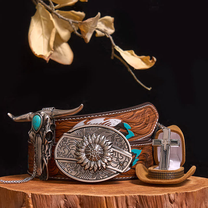 DIY Hidden Knife Belt Buckle Turquoise Bull Pendant Cross Necklace Bundle Set - Sunflower - Brown Feather Belt - 40 - image 11