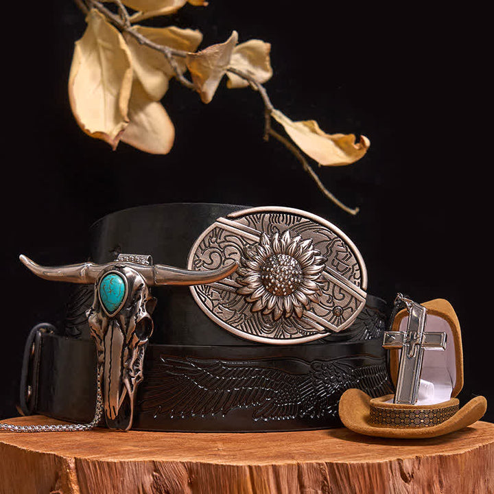 DIY Hidden Knife Belt Buckle Turquoise Bull Pendant Cross Necklace Bundle Set - Sunflower - Black Embossed Eagle Belt - 42 - image 7