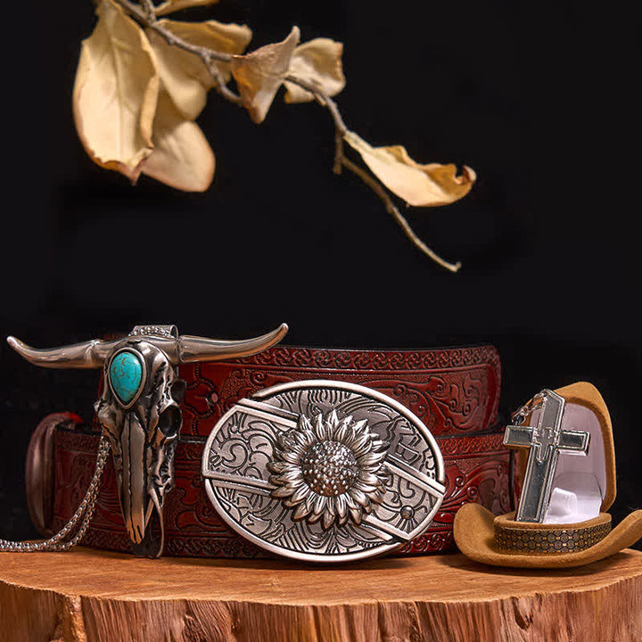 DIY Hidden Knife Belt Buckle Turquoise Bull Pendant Cross Necklace Bundle Set (PRE-SALE) - Sunflower - Brown Carved Belt - 42 - image 10