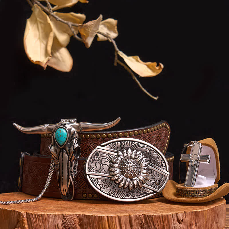 DIY Hidden Knife Belt Buckle Turquoise Bull Pendant Cross Necklace Bundle Set - Sunflower - Brown Rivet Belt - 42 - image 9