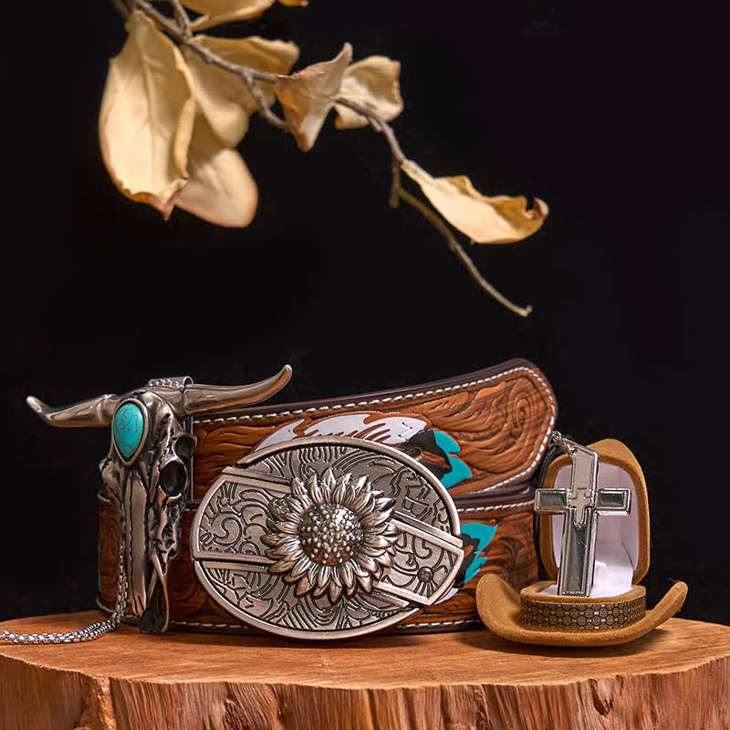 DIY Hidden Knife Belt Buckle Turquoise Bull Pendant Cross Necklace Bundle Set (PRE-SALE) - Sunflower - Brown Feather Belt - 40 - image 11