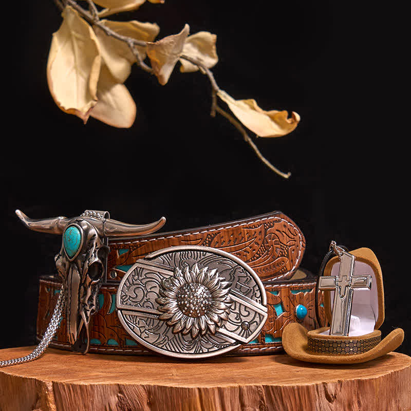 DIY Hidden Knife Belt Buckle Turquoise Bull Pendant Cross Necklace Bundle Set - Sunflower - Turquoise Carved Belt - 42 - image 8