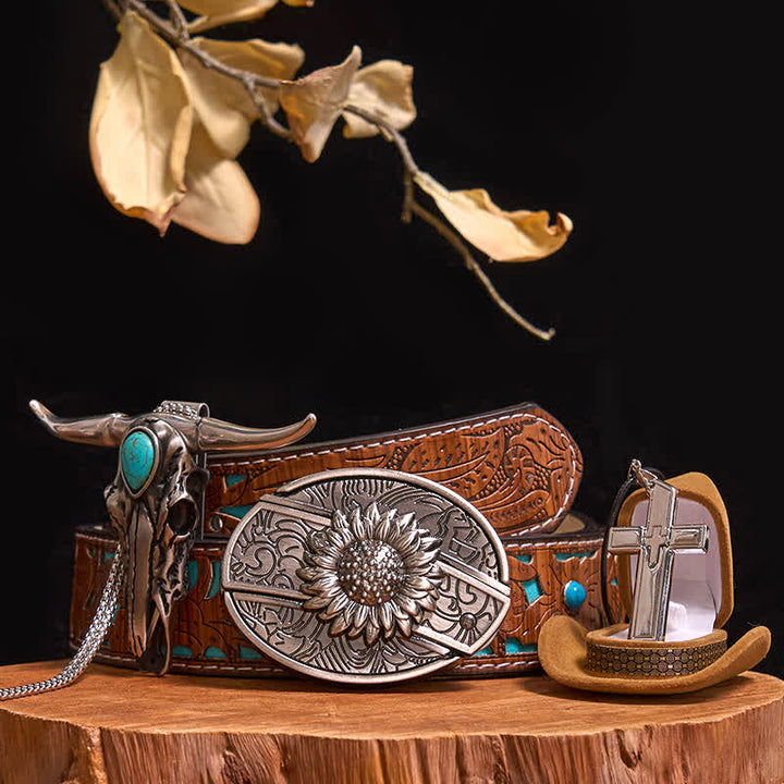 DIY Hidden Knife Belt Buckle Turquoise Bull Pendant Cross Necklace Bundle Set - Sunflower - Turquoise Carved Belt - 42 - image 8