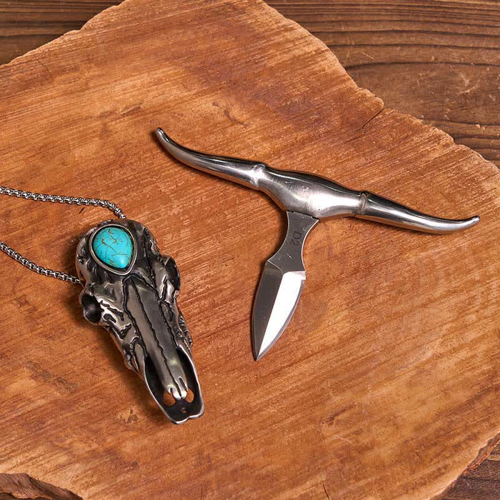 DIY Hidden Knife Belt Buckle Turquoise Bull Pendant Knife Ring Bundle Set