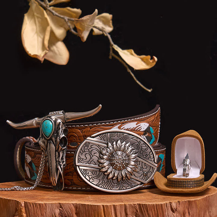 DIY Hidden Knife Belt Buckle Turquoise Bull Pendant Knife Ring Bundle Set - Sunflower - Brown Feather Belt - 40 - image 10
