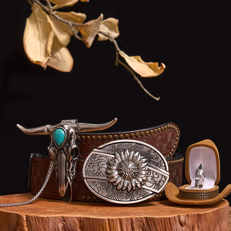 DIY Hidden Knife Belt Buckle Turquoise Bull Pendant Knife Ring Bundle Set (PRE-SALE) - Sunflower - Brown Rivet Belt - 40 - image 7