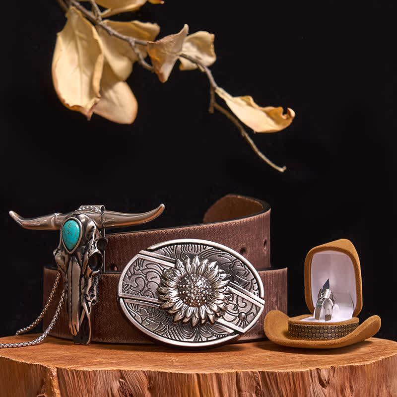 DIY Hidden Knife Belt Buckle Turquoise Bull Pendant Knife Ring Bundle Set - Sunflower - Brown Distressed Belt - 40 - image 8