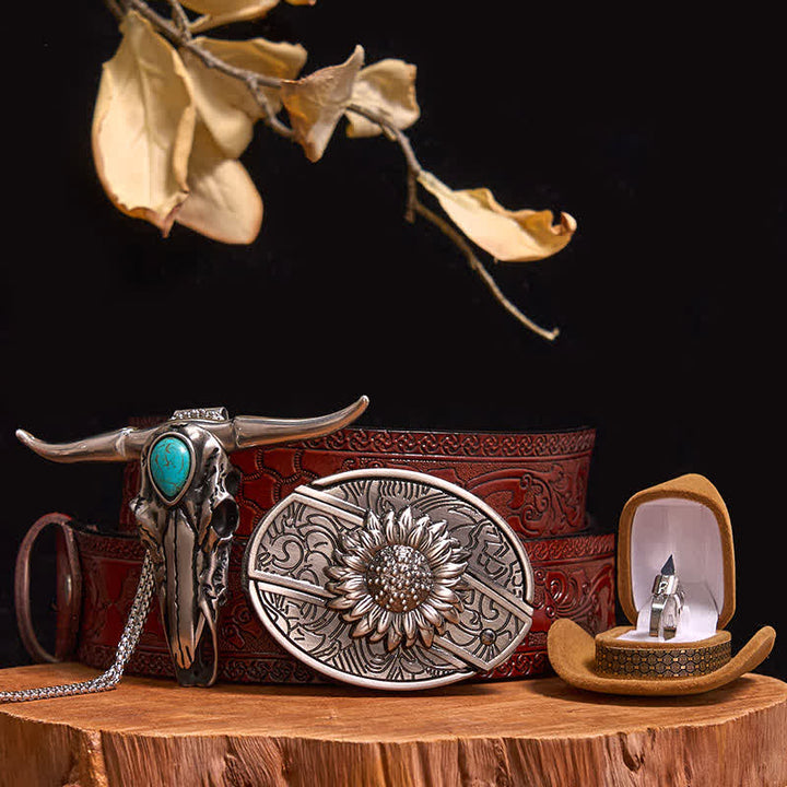 DIY Hidden Knife Belt Buckle Turquoise Bull Pendant Knife Ring Bundle Set - Sunflower - Brown Carved Belt - 40 - image 9