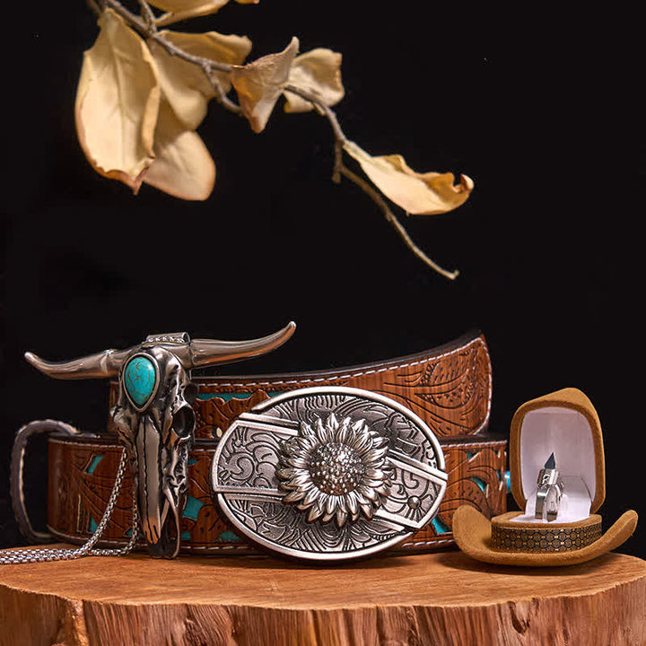DIY Hidden Knife Belt Buckle Turquoise Bull Pendant Knife Ring Bundle Set (PRE-SALE) - Sunflower - Turquoise Carved Belt - 40 - image 6