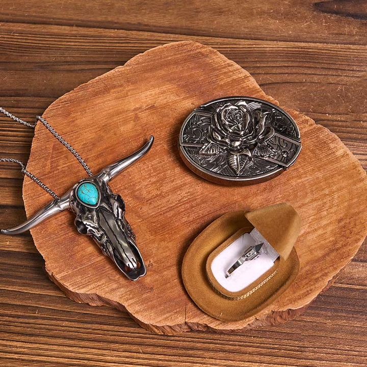DIY Hidden Knife Belt Buckle Turquoise Bull Pendant Knife Ring Bundle Set