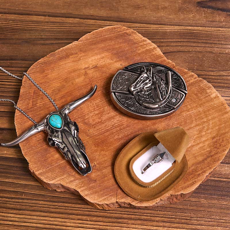 DIY Hidden Knife Belt Buckle Turquoise Bull Pendant Knife Ring Bundle Set (PRE-SALE) - Horse Head - Without Belt - Not Included Belt - image 11