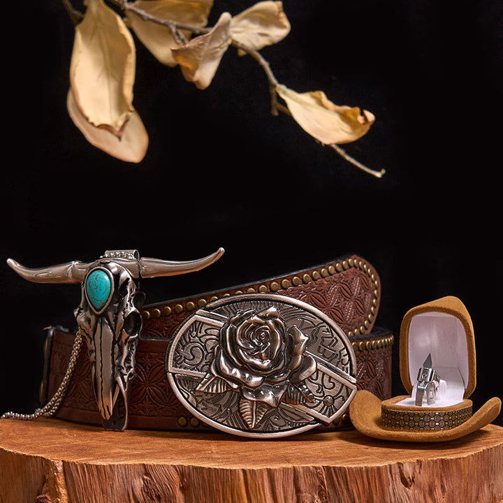 DIY Hidden Knife Belt Buckle Turquoise Bull Pendant Knife Ring Bundle Set - Rose - Brown Rivet Belt - 40 - image 21