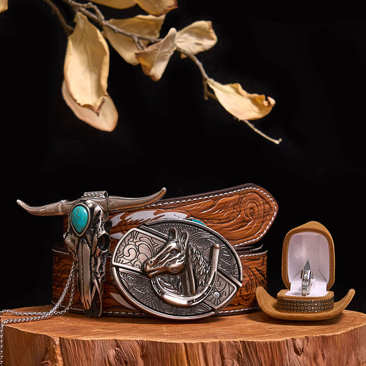 DIY Hidden Knife Belt Buckle Turquoise Bull Pendant Knife Ring Bundle Set - Horse Head - Brown Feather Belt - 40 - image 17