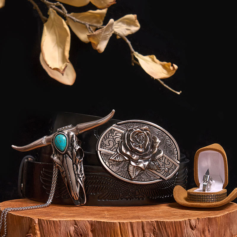 DIY Hidden Knife Belt Buckle Turquoise Bull Pendant Knife Ring Bundle Set - Rose - Black Embossed Eagle Belt - 40 - image 19