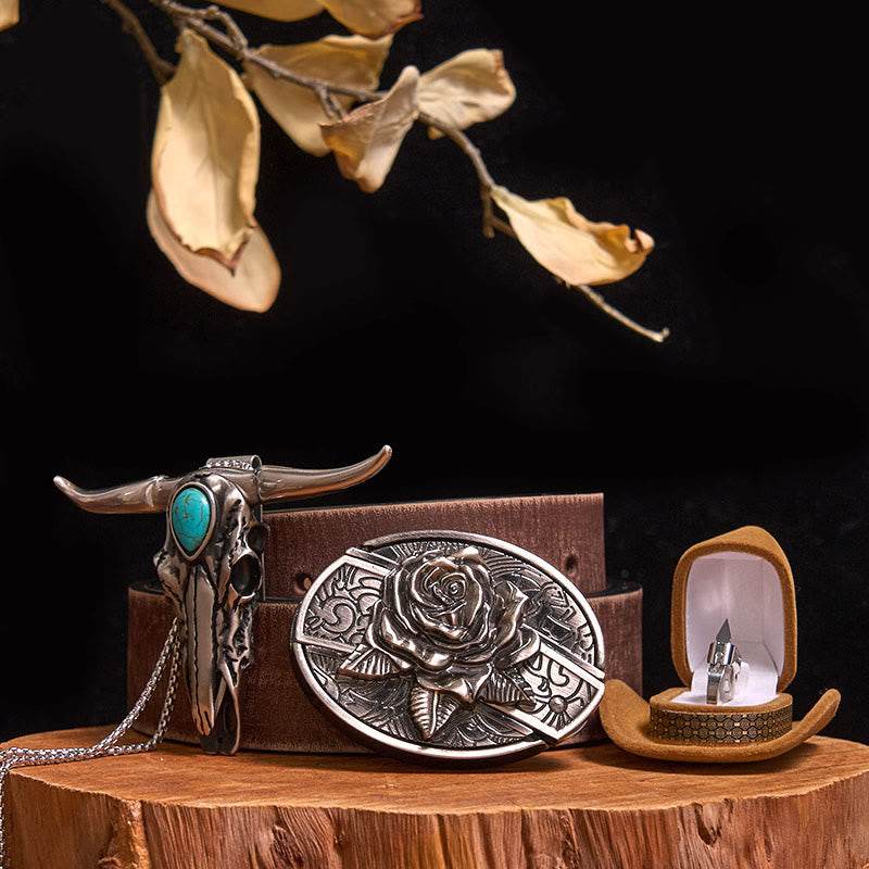 DIY Hidden Knife Belt Buckle Turquoise Bull Pendant Knife Ring Bundle Set (PRE-SALE) - Rose - Brown Distressed Belt - 40 - image 22