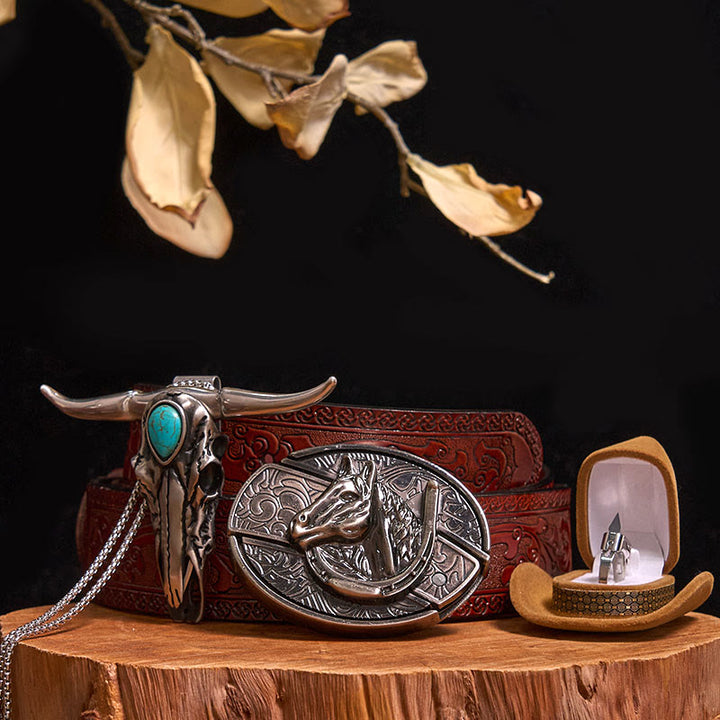 DIY Hidden Knife Belt Buckle Turquoise Bull Pendant Knife Ring Bundle Set - Horse Head - Brown Carved Belt - 40 - image 16