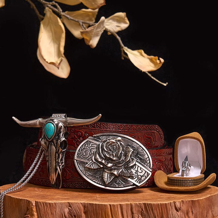 DIY Hidden Knife Belt Buckle Turquoise Bull Pendant Knife Ring Bundle Set - Rose - Brown Carved Belt - 40 - image 23