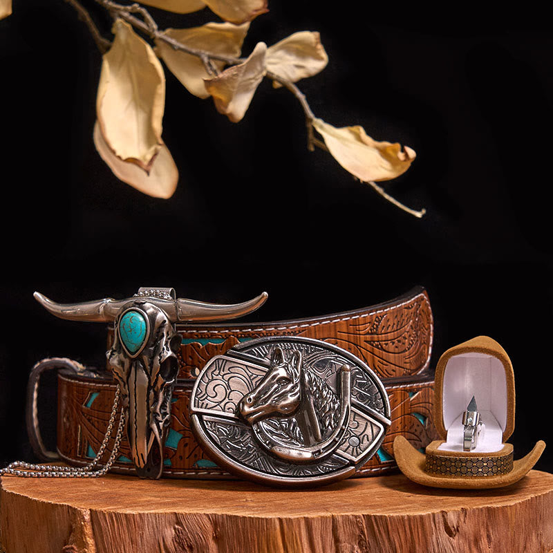 DIY Hidden Knife Belt Buckle Turquoise Bull Pendant Knife Ring Bundle Set - Horse Head - Turquoise Carved Belt - 40 - image 13