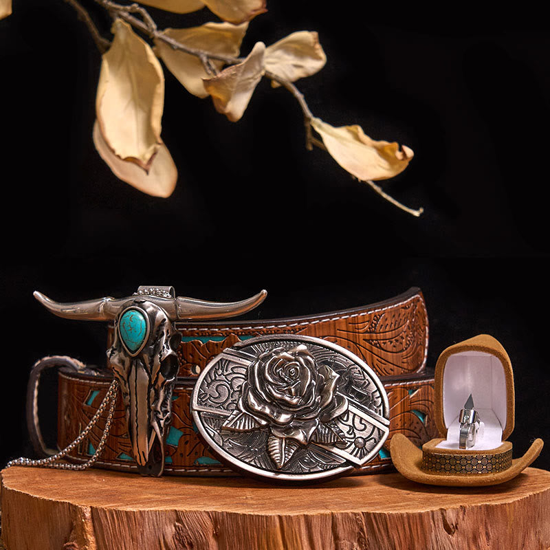 DIY Hidden Knife Belt Buckle Turquoise Bull Pendant Knife Ring Bundle Set - Rose - Turquoise Carved Belt - 40 - image 20