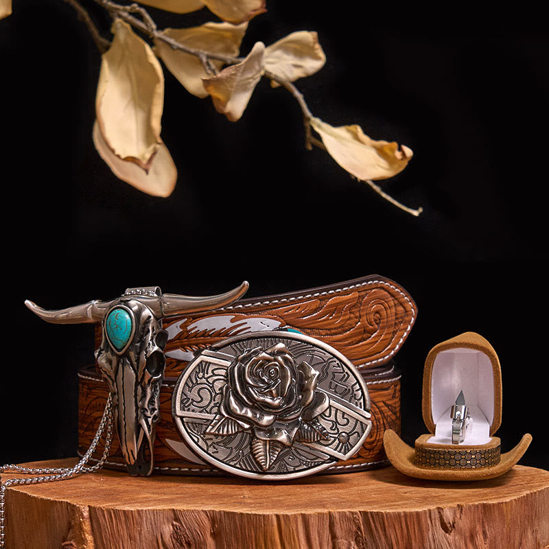 DIY Hidden Knife Belt Buckle Turquoise Bull Pendant Knife Ring Bundle Set - Rose - Brown Feather Belt - 40 - image 24