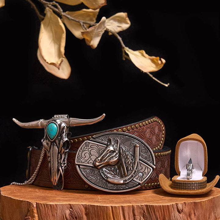 DIY Hidden Knife Belt Buckle Turquoise Bull Pendant Knife Ring Bundle Set (PRE-SALE) - Horse Head - Brown Rivet Belt - 40 - image 14