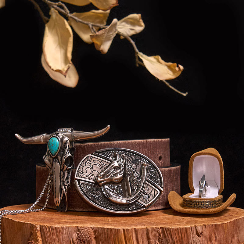 DIY Hidden Knife Belt Buckle Turquoise Bull Pendant Knife Ring Bundle Set - Horse Head - Brown Distressed Belt - 40 - image 15