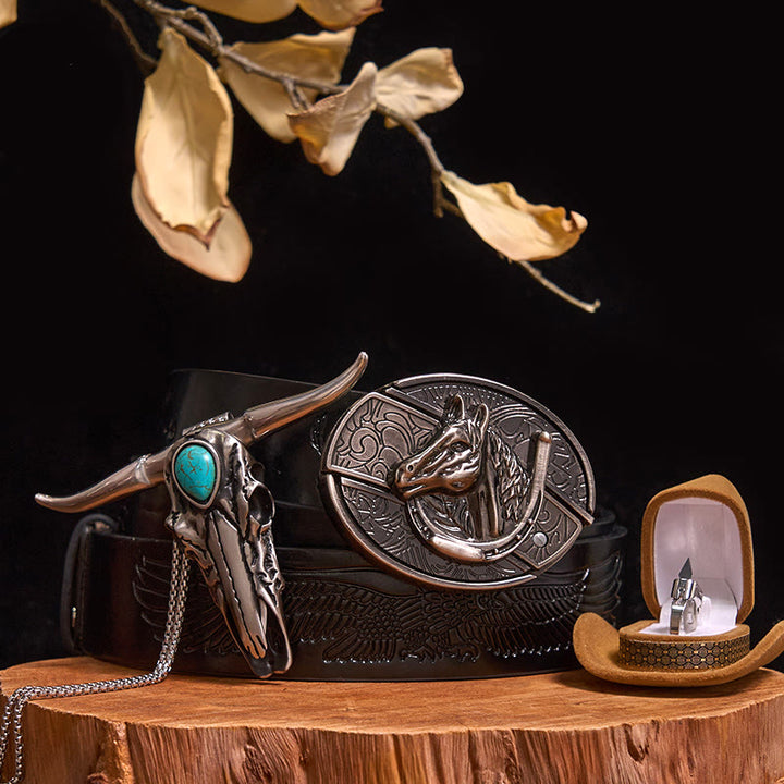 DIY Hidden Knife Belt Buckle Turquoise Bull Pendant Knife Ring Bundle Set (PRE-SALE) - Horse Head - Black Embossed Eagle Belt - 40 - image 12