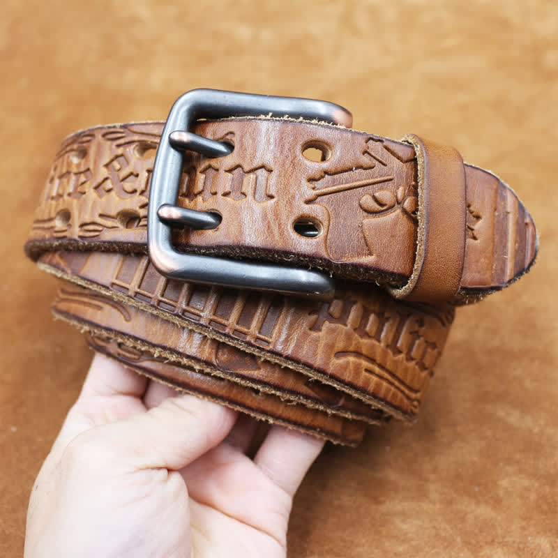 English Letter Gun Bullet Embossment Leather Belt - image 10