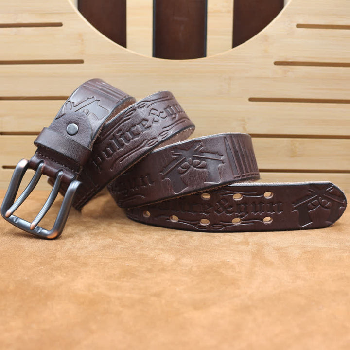 English Letter Gun Bullet Embossment Leather Belt - Coffee - 46 - image 18