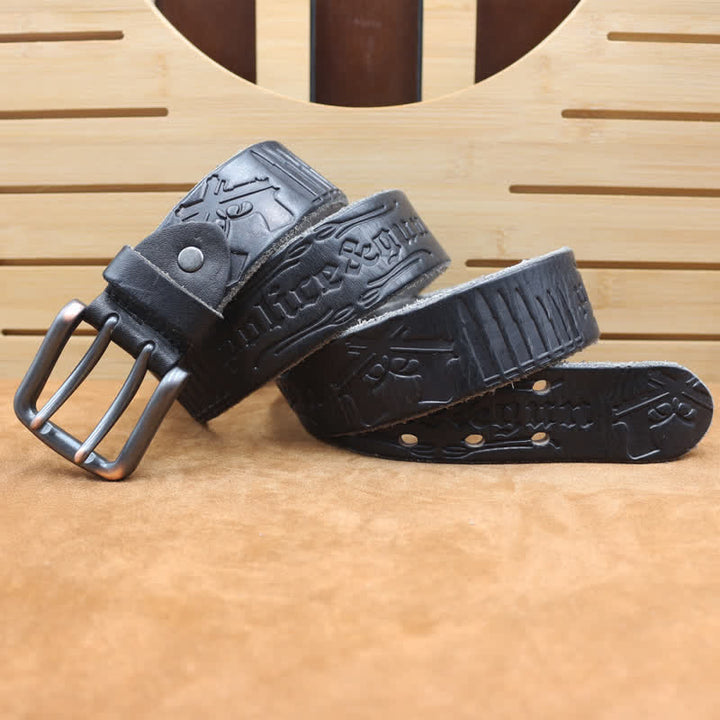 English Letter Gun Bullet Embossment Leather Belt - Black - 46 - image 13