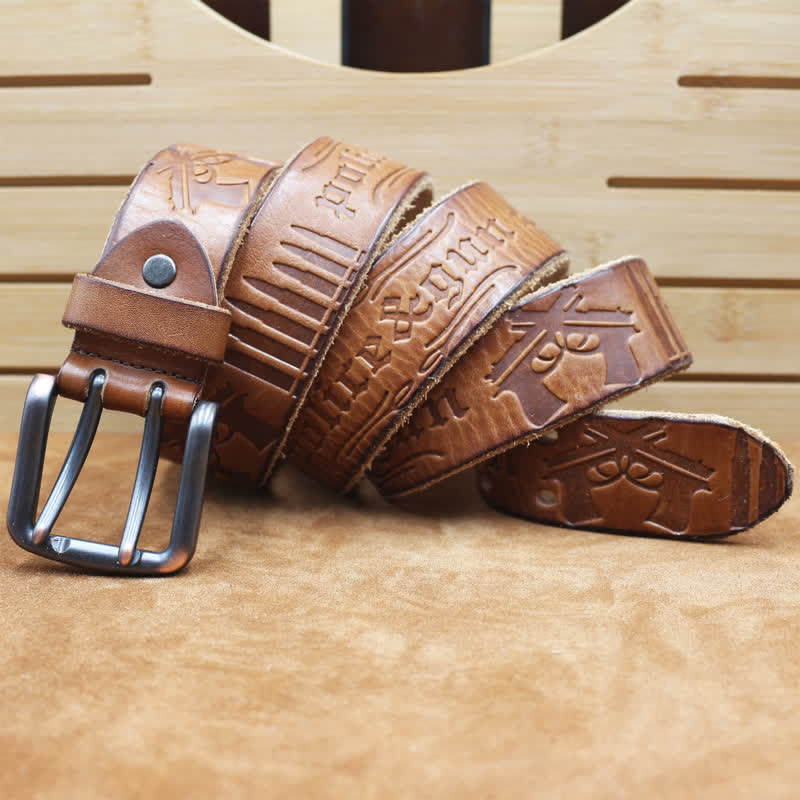 English Letter Gun Bullet Embossment Leather Belt - Yellowish-Brown - 46 - image 7