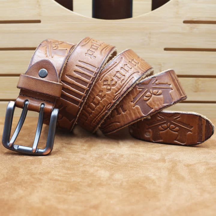 English Letter Gun Bullet Embossment Leather Belt - Yellowish-Brown - 46 - image 7
