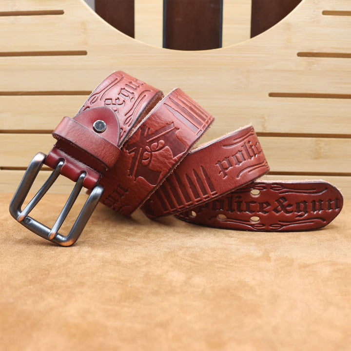 English Letter Gun Bullet Embossment Leather Belt - Reddish-Brown - 46 - image 0