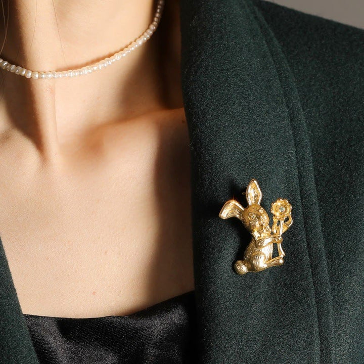 Vintage Rabbit With Sunflowers Brooch Shirt Accessories - image 1