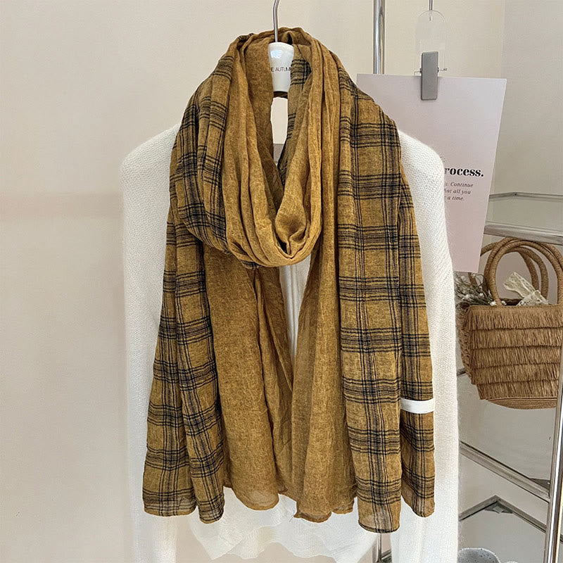 Soft Spring Linen Splicing Checked Thin Scarf - #3 Goldenrod - image 10