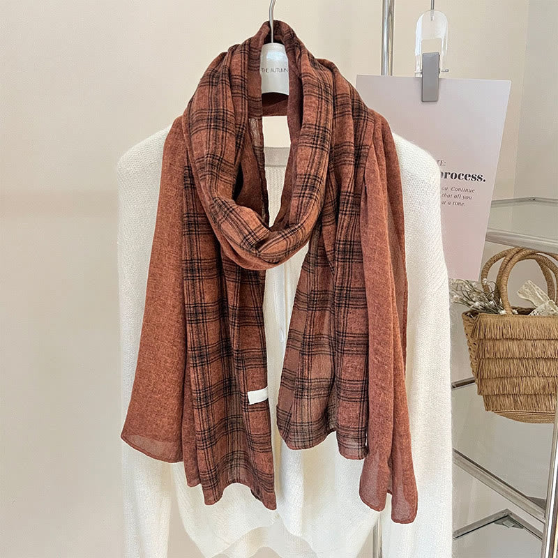 Soft Spring Linen Splicing Checked Thin Scarf - #4 Coral - image 12