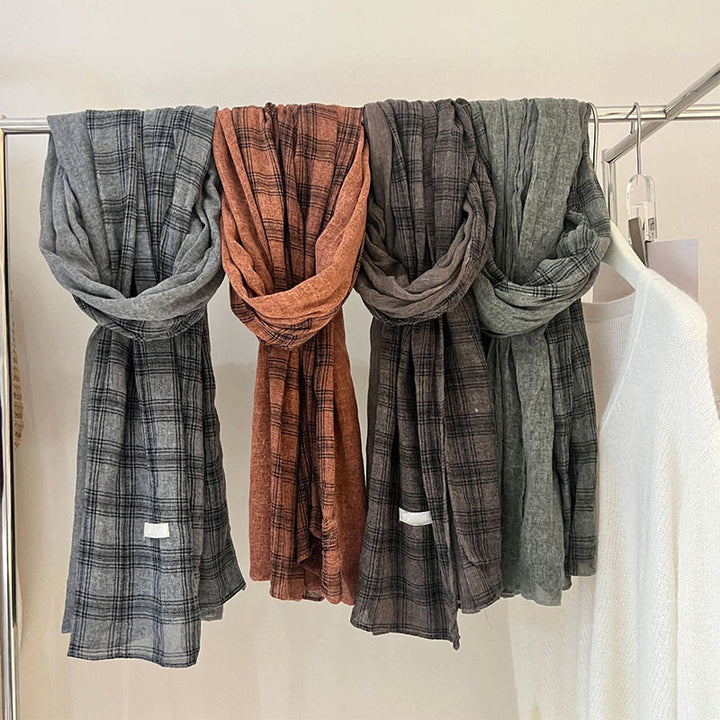 Soft Spring Linen Splicing Checked Thin Scarf - image 4