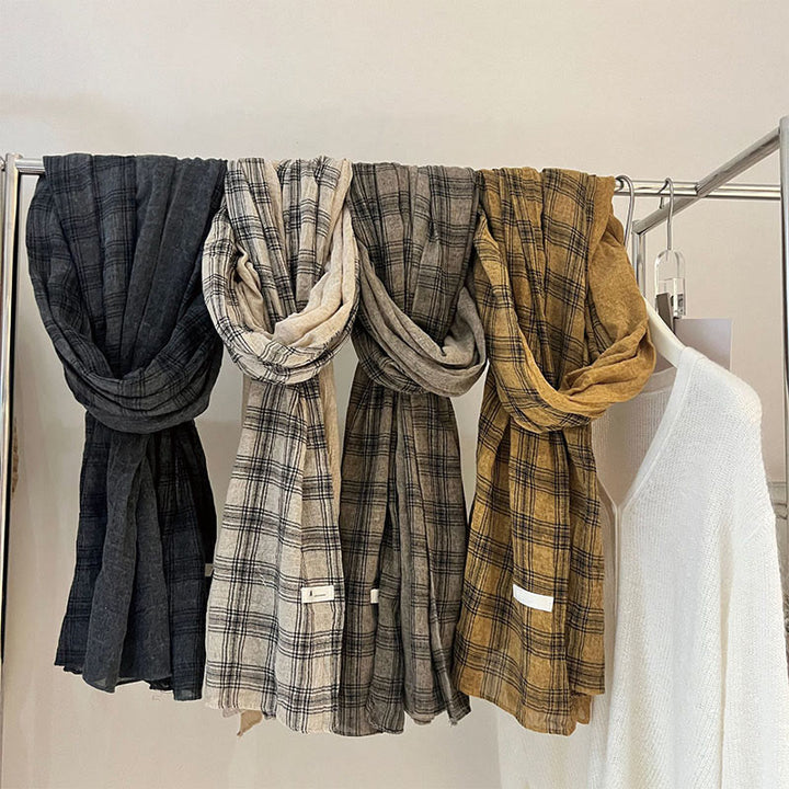 Soft Spring Linen Splicing Checked Thin Scarf - image 3
