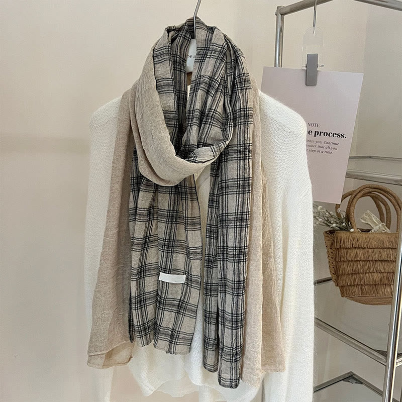 Soft Spring Linen Splicing Checked Thin Scarf - #1 PapayaWhip - image 1
