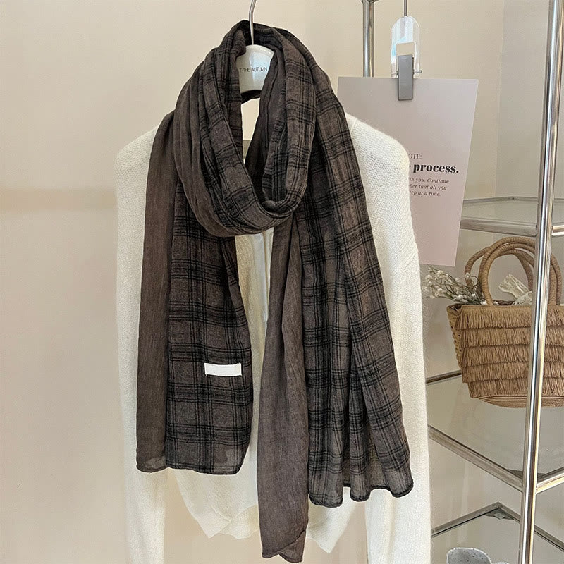 Soft Spring Linen Splicing Checked Thin Scarf - #6 SaddleBrown - image 16