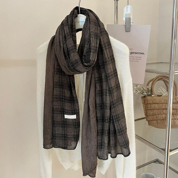 Soft Spring Linen Splicing Checked Thin Scarf - #6 SaddleBrown - image 16