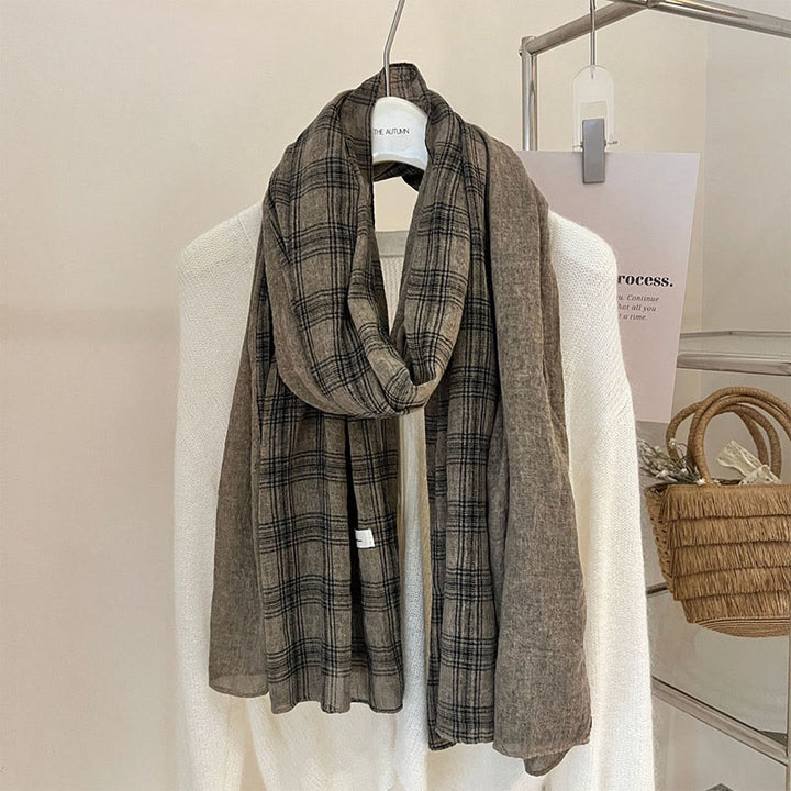 Soft Spring Linen Splicing Checked Thin Scarf - #8 Tan - image 20