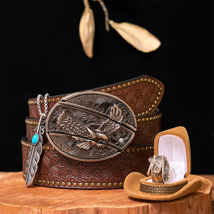 Eagle DIY Hidden Knife Belt Buckle With Feather Ring Bundle Set - Eagle & Feather - Brown Rivet Belt - 42 - image 8